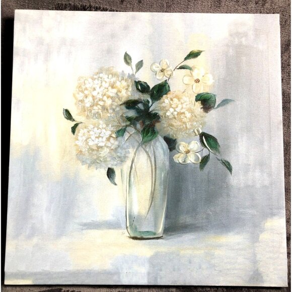 White Floral Canvas Art 12"x12" Vase Of Flowers Modern Home Decor